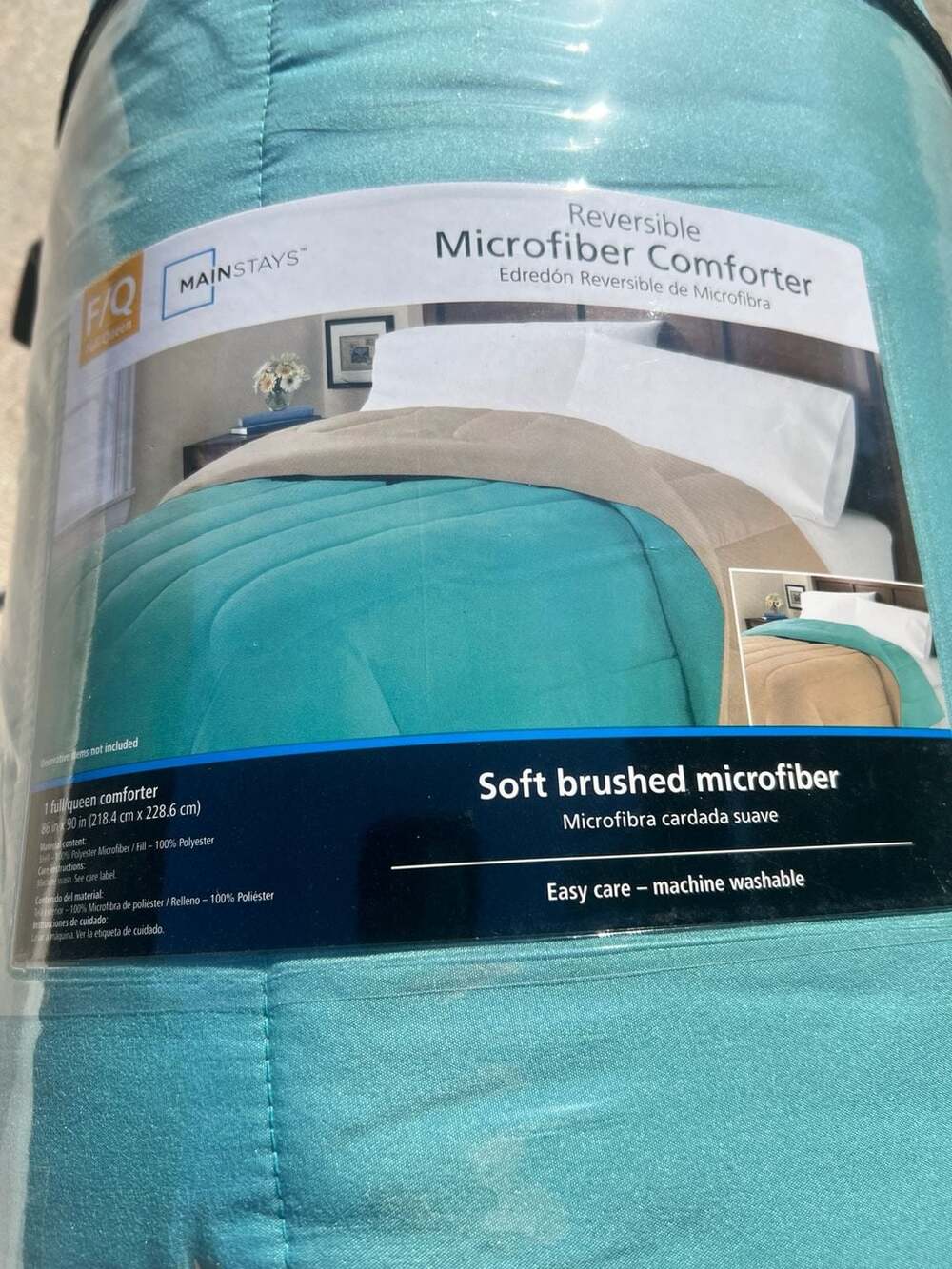 Mainstays Full/Queen Reversible Soft Brushed Microfiber Comforter, Aqua/Tan